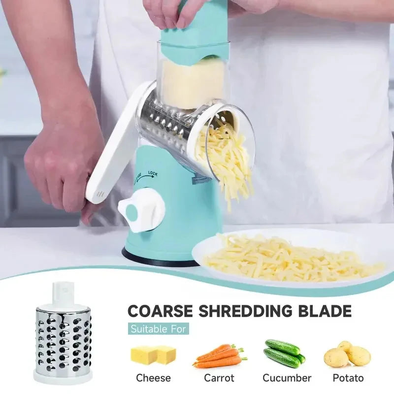 Rotary Cheese Grater Hand Crank with 3 Interchangeable Blades Strong Suction Base Manual Shredder for Kitchen