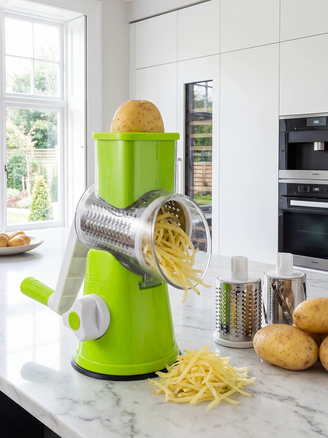 Rotary Cheese Grater with Handle - Vegetable Shredder with  Well-designed Blades & Strong Suction Base,Round Mandoline Slicer &