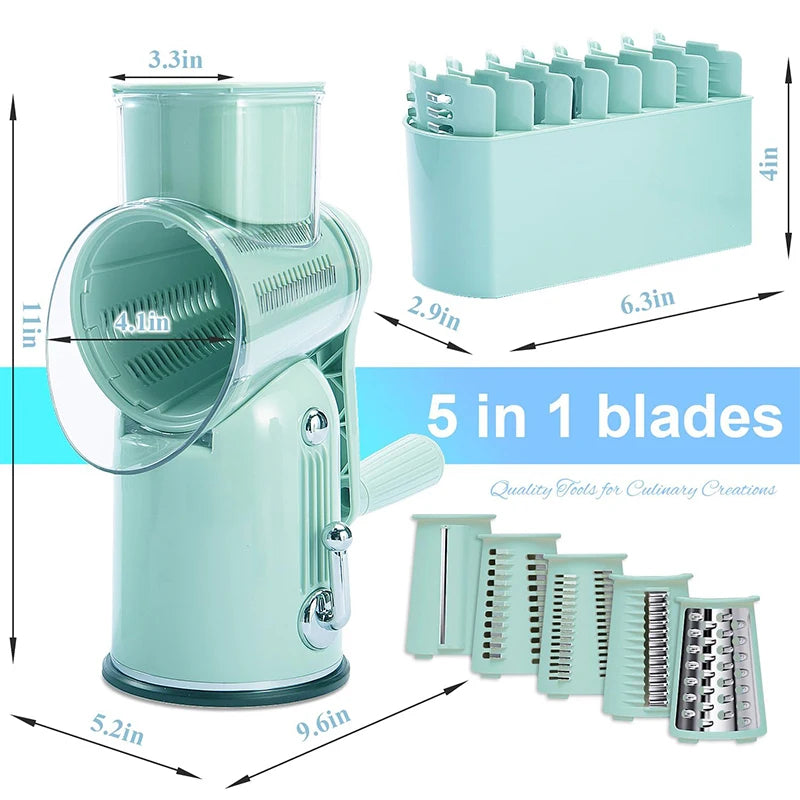 Rotary Cheese Grater Hand Crank 5 in 1 Replaceable Stainless Blades Cheese Shredder Kitchen Vegetable Shredder Slicer Chopper