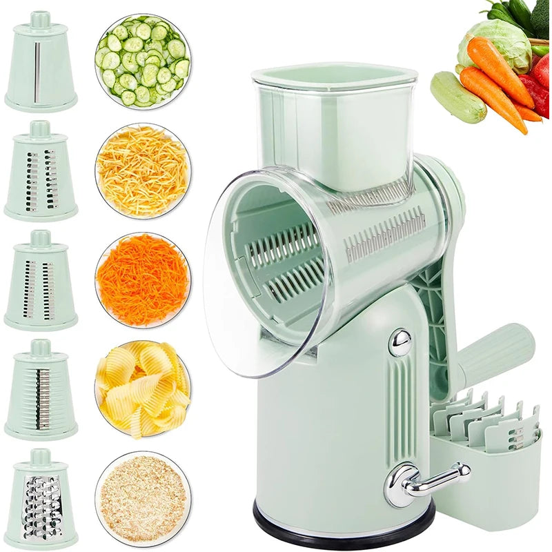 Rotary Cheese Grater Hand Crank 5 in 1 Replaceable Stainless Blades Cheese Shredder Kitchen Vegetable Shredder Slicer Chopper