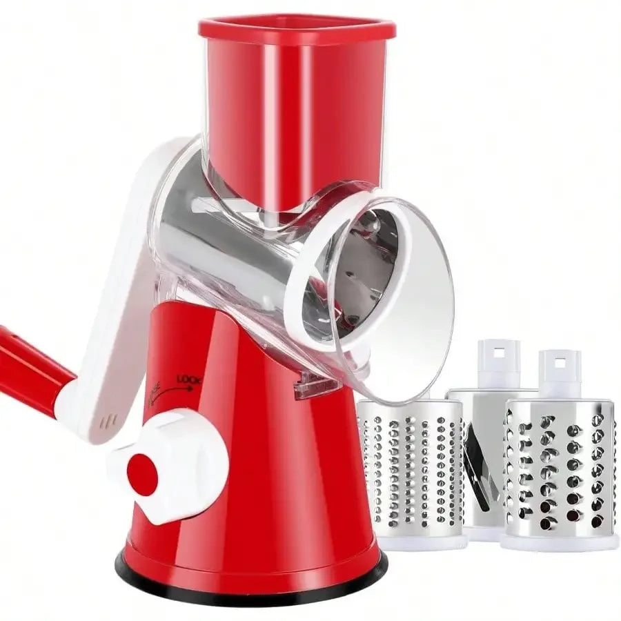 Manual Rotary Cheese Grater, Kitchen Vegetable Slicer and Nut Grinder, Hand Crank Potato Shredder with 3 Replaceable Drum Blades