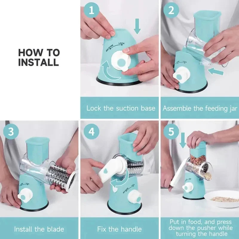 Rotary Cheese Grater Hand Crank with 3 Interchangeable Blades Strong Suction Base Manual Shredder for Kitchen