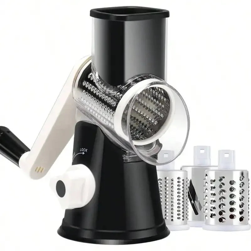 Manual Rotary Cheese Grater, Kitchen Vegetable Slicer and Nut Grinder, Hand Crank Potato Shredder with 3 Replaceable Drum Blades