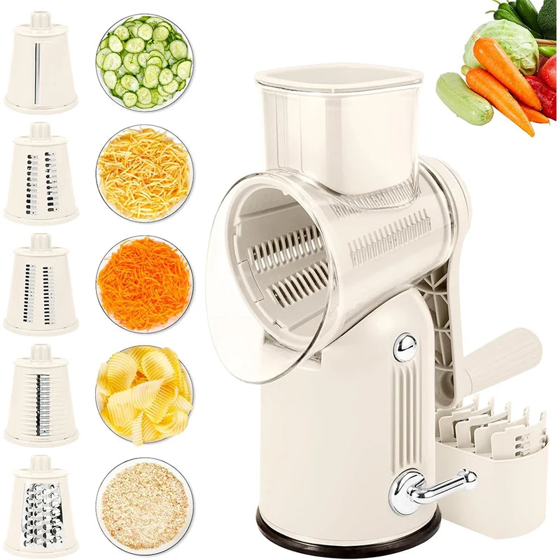 Rotary Cheese Grater Hand Crank 5 in 1 Replaceable Stainless Blades Cheese Shredder Kitchen Vegetable Shredder Slicer Chopper