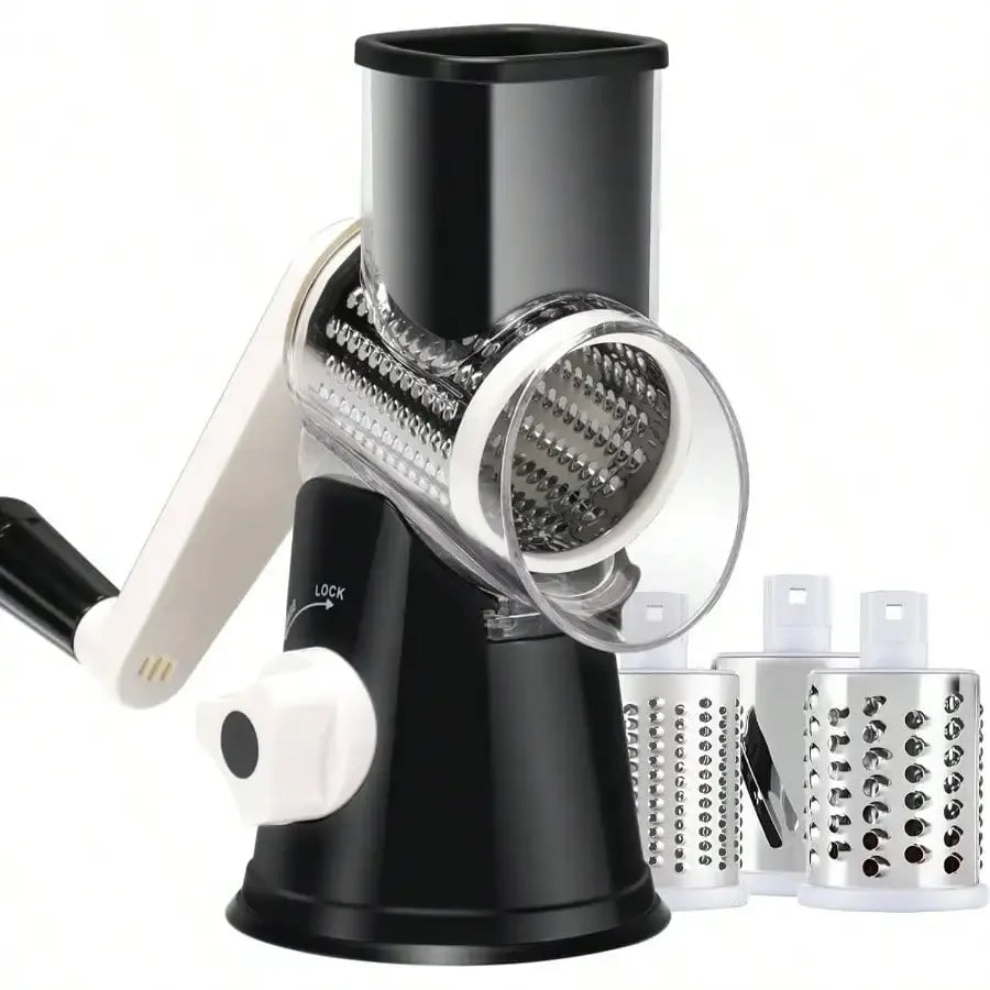 Manual Rotary Cheese Grater, Kitchen Vegetable Slicer and Nut Grinder, Hand Crank Potato Shredder with 3 Replaceable Drum Blades