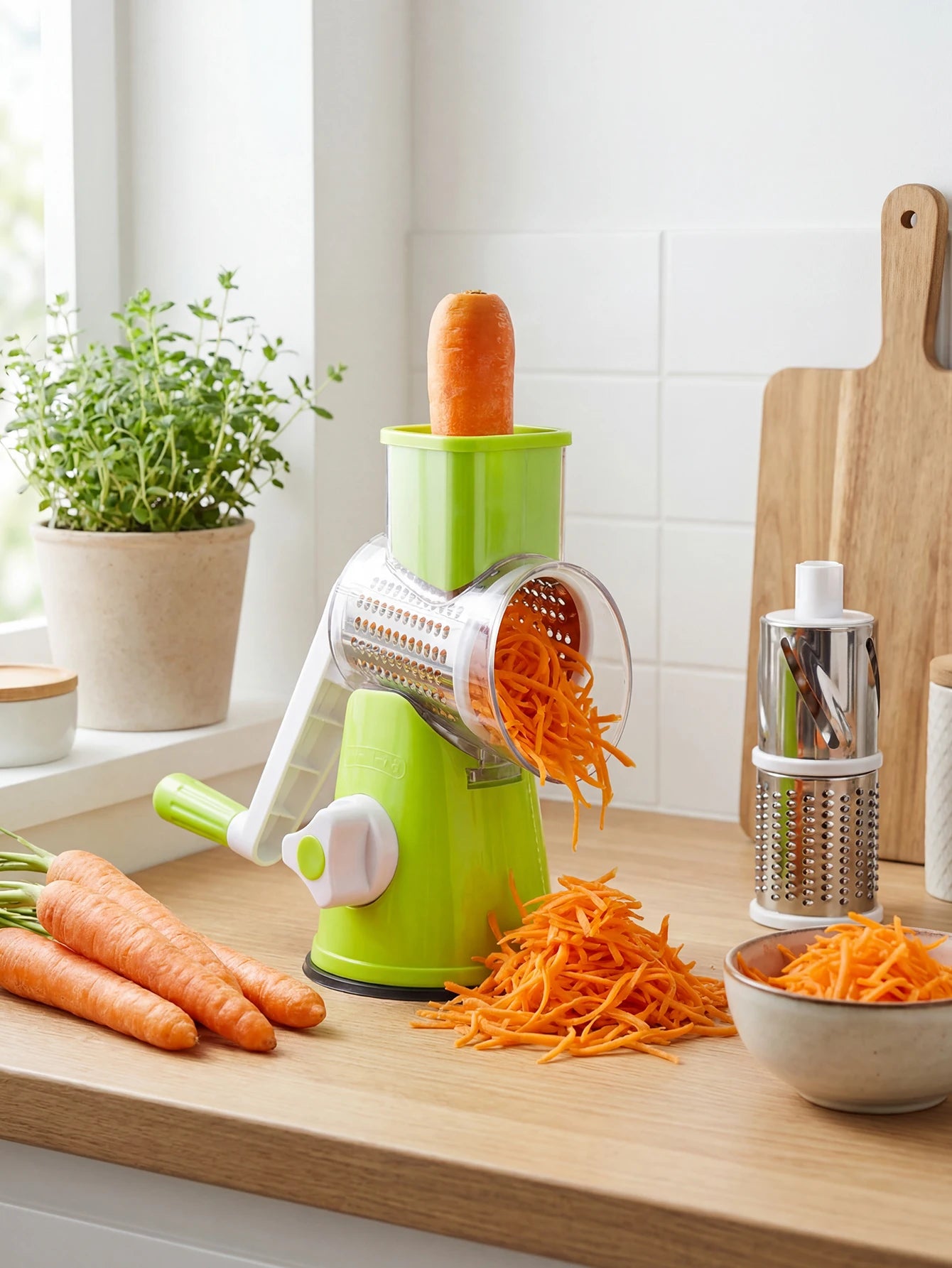 Rotary Cheese Grater with Handle - Vegetable Shredder with  Well-designed Blades & Strong Suction Base,Round Mandoline Slicer &