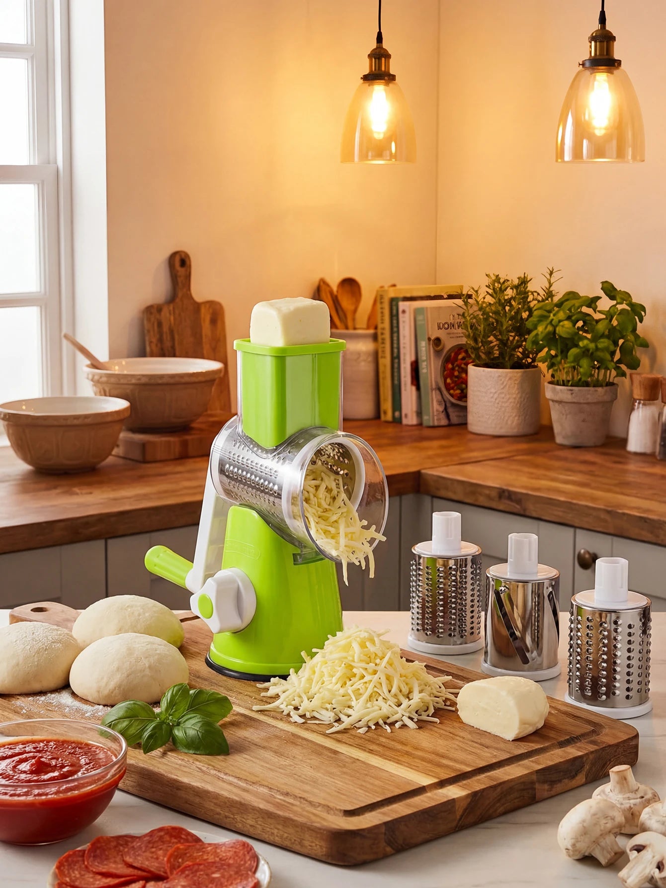 Rotary Cheese Grater with Handle - Vegetable Shredder with  Well-designed Blades & Strong Suction Base,Round Mandoline Slicer &